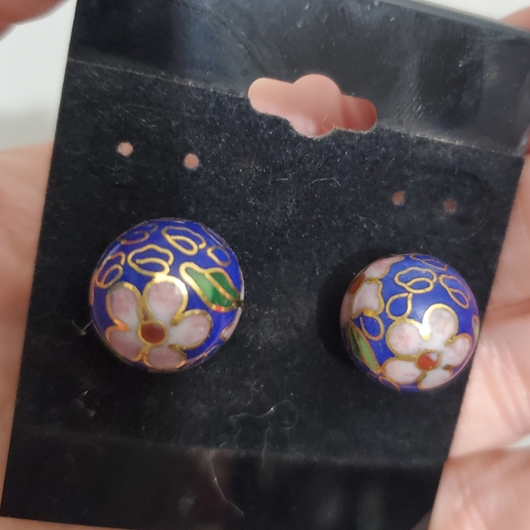 New VTG Cloisonne cobalt blue, gold & pink Floral Design Ball Pierced Earrings - Picture 5 of 5
